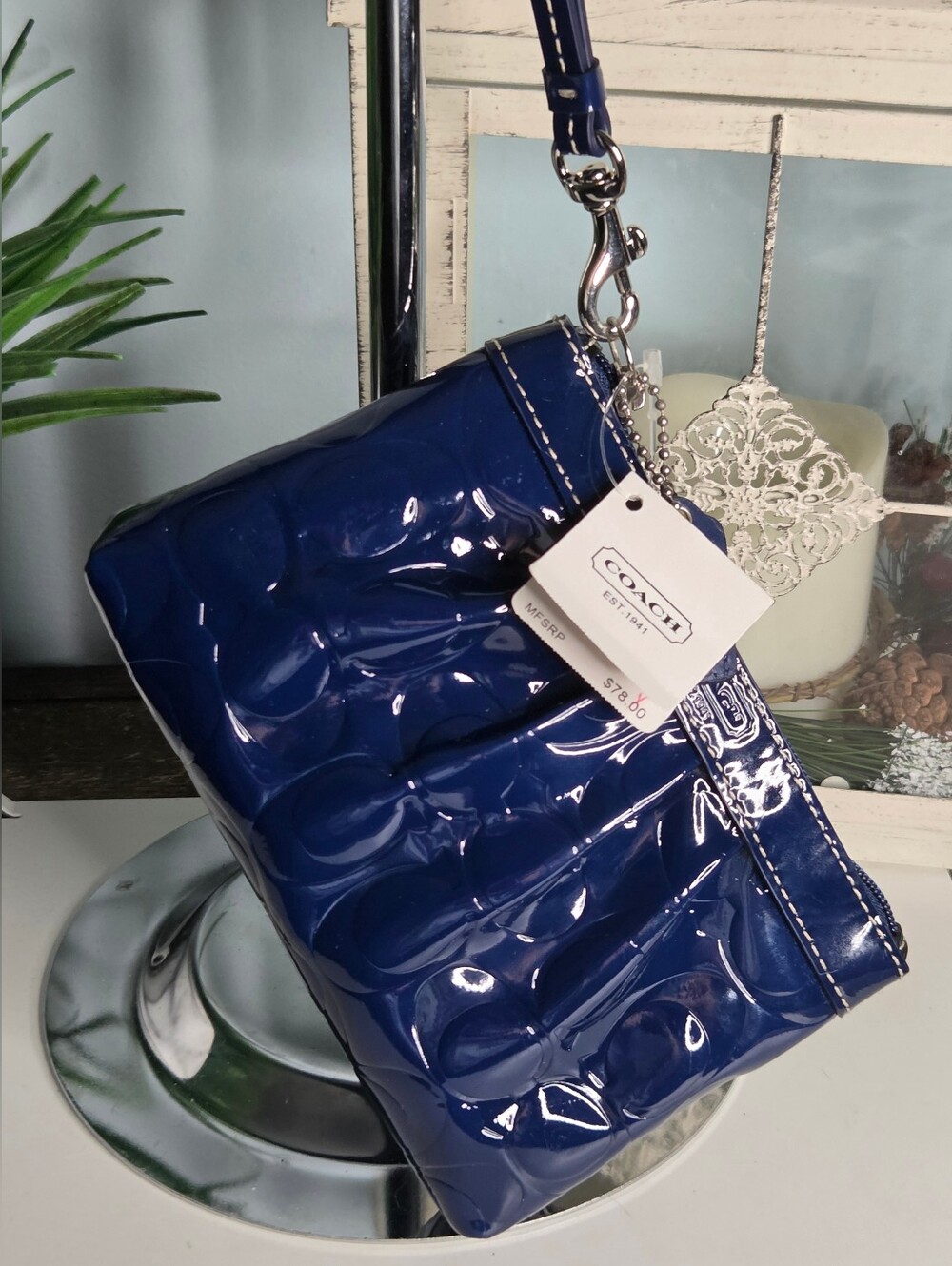 Coach Navy Blue Embossed Patent Leather Pleated Wristlet Pouch